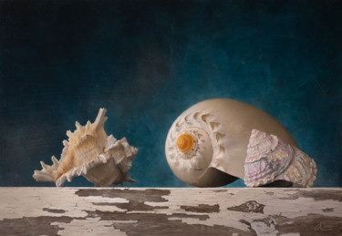 Malerei mit dem Titel "Drie Schelpen (Thre…" von Jurjen Rolf, Original-Kunstwerk, Öl Auf Holzplatte montiert