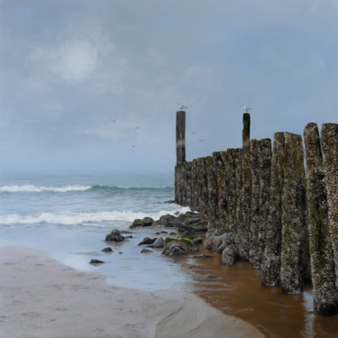 Malerei mit dem Titel "Strandpalen (Beach…" von Jurjen Rolf, Original-Kunstwerk, Öl Auf Holzplatte montiert