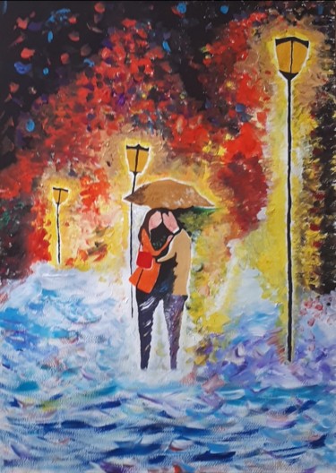Malerei mit dem Titel "Love in the rain" von Justine De Meerschman, Original-Kunstwerk, Acryl