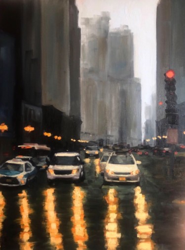 Painting titled "« Cityscape after R…" by Justine Lemaire, Original Artwork, Oil Mounted on Wood Stretcher frame