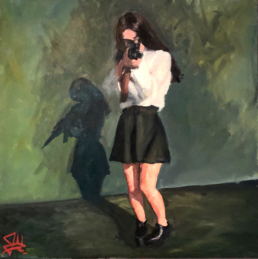 Ζωγραφική με τίτλο "Woman And Weapon" από Justine Lemaire, Αυθεντικά έργα τέχνης, Λάδι Τοποθετήθηκε στο Ξύλινο φορείο σκελετό