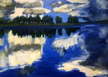 Картина под названием "Clouds II" - Justine Lemaire, Подлинное произведение искусства, Масло Установлен на Деревянная панель