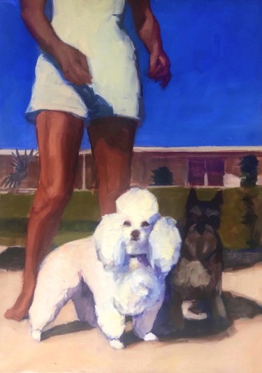 Painting titled "Cotton Dog" by Justine Lemaire, Original Artwork, Oil Mounted on Wood Stretcher frame