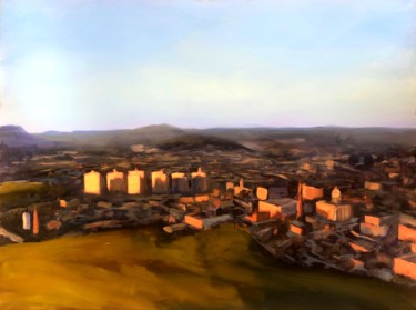 Painting titled "Lights over a Citys…" by Justine Lemaire, Original Artwork, Oil Mounted on Wood Stretcher frame