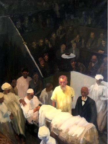 Painting titled "Med Scene" by Justine Lemaire, Original Artwork, Oil Mounted on Wood Stretcher frame