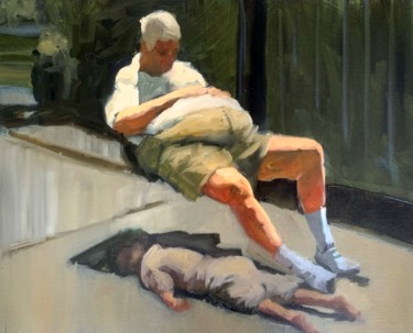 Painting titled "Family Nap" by Justine Lemaire, Original Artwork, Oil Mounted on Wood Stretcher frame