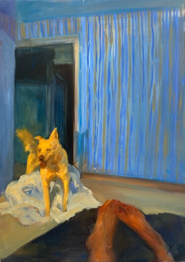Malerei mit dem Titel "Dog III" von Justine Lemaire, Original-Kunstwerk, Öl Auf Holzplatte montiert