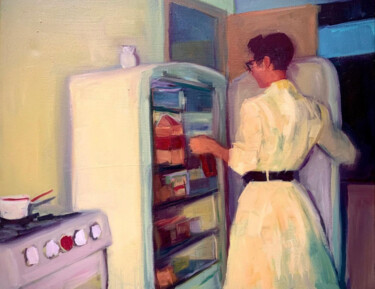 Painting titled "The Fridge" by Justine Lemaire, Original Artwork, Oil Mounted on Wood Stretcher frame