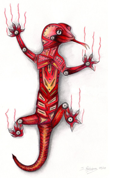 Disegno intitolato "Gecko mécanique tat…" da Justine Rodriguez, Opera d'arte originale, Matita