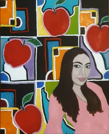 Schilderij getiteld "woman with apples" door Justin Myers, Origineel Kunstwerk, Olie