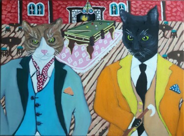 Painting titled "cool cats" by Justin Myers, Original Artwork, Oil