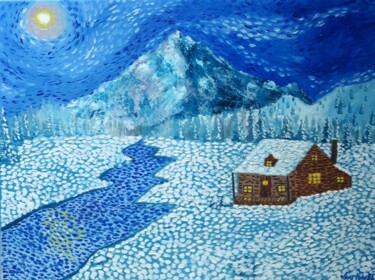 Painting titled "cabin in winter" by Justin Myers, Original Artwork, Oil