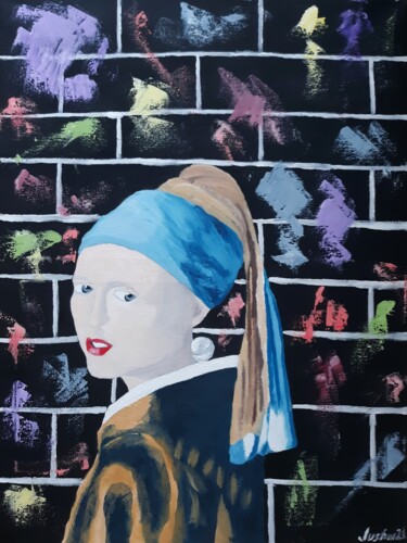 Peinture intitulée "girl with graffiti" par Justin Myers, Œuvre d'art originale, Huile