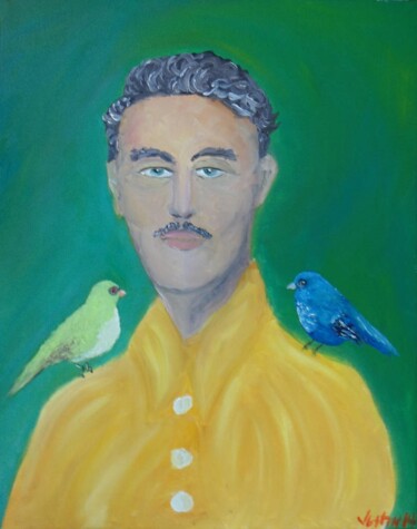 Painting titled "bird man" by Justin Myers, Original Artwork, Oil