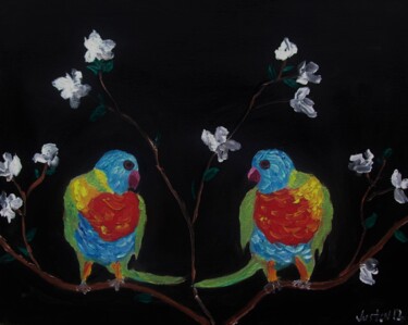 Schilderij getiteld "parrots" door Justin Myers, Origineel Kunstwerk, Olie