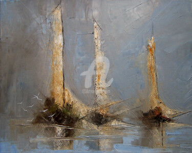 Painting titled ""Boats"" by Justyna Kopania, Original Artwork, Oil Mounted on artwork_cat.