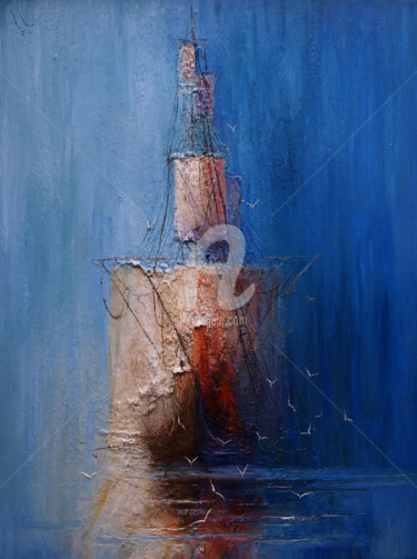 Schilderij getiteld "Mist 01" door Justyna Kopania, Origineel Kunstwerk, Olie Gemonteerd op Frame voor houten brancard
