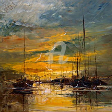 Painting titled "Boats 07" by Justyna Kopania, Original Artwork, Oil Mounted on Wood Stretcher frame