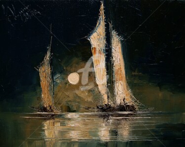 Painting titled "Boats 09" by Justyna Kopania, Original Artwork, Oil Mounted on Wood Stretcher frame