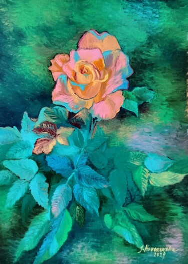 Pintura intitulada "Róża z naszego ogro…" por Justyna Kurczewska, Obras de arte originais, Óleo