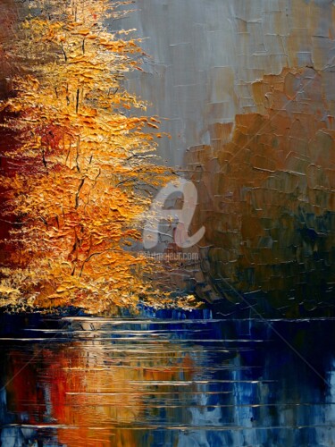Painting titled "River" by Justyna Kopania, Original Artwork, Oil Mounted on Wood Stretcher frame