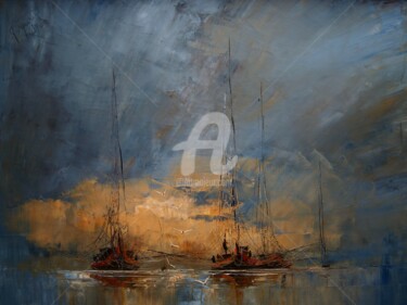 Painting titled "Boats..." by Justyna Kopania, Original Artwork, Oil Mounted on Wood Stretcher frame