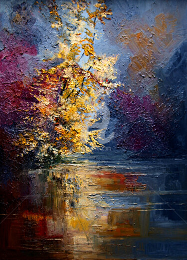 Painting titled "River..." by Justyna Kopania, Original Artwork, Oil Mounted on Wood Stretcher frame