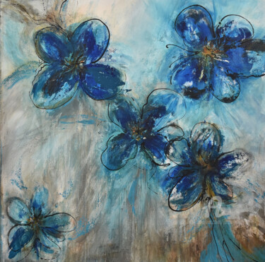 Malerei mit dem Titel "Blaue Blumen - Flow…" von Jutta Jung, Original-Kunstwerk, Acryl