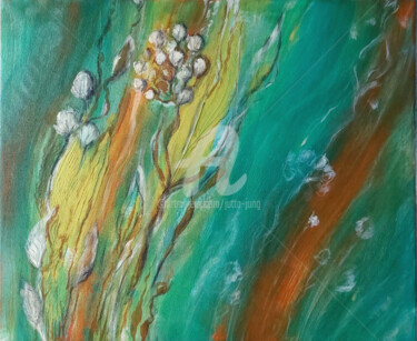 Malarstwo zatytułowany „Blumen im Fluss” autorstwa Jutta Jung, Oryginalna praca, Akryl Zamontowany na Drewniana rama noszy