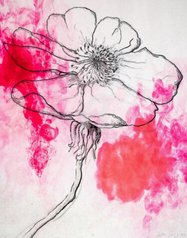 Drawing titled "Pink Poppy" by Jutta Jung, Original Artwork, Analog Print