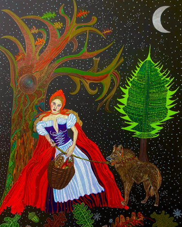 Peinture intitulée "Beware of red ridin…" par Jutta-Maria Offzarek, Œuvre d'art originale, Conté