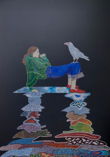 Painting titled "The white raven" by Jutta-Maria Offzarek, Original Artwork, Conté