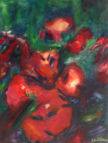 Ζωγραφική με τίτλο "Fleurs rouges" από Geneviève Juttens-Lambilotte, Αυθεντικά έργα τέχνης, Λάδι
