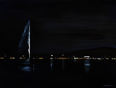 Painting titled "Genève la nuit" by Geneviève Juttens-Lambilotte, Original Artwork, Acrylic