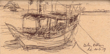 Drawing titled "Dhow dans la baie d…" by Philippe Juttens, Original Artwork, Ballpoint pen