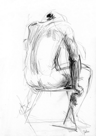 Drawing titled "Homme assis, de dos" by Philippe Juttens, Original Artwork, Pencil
