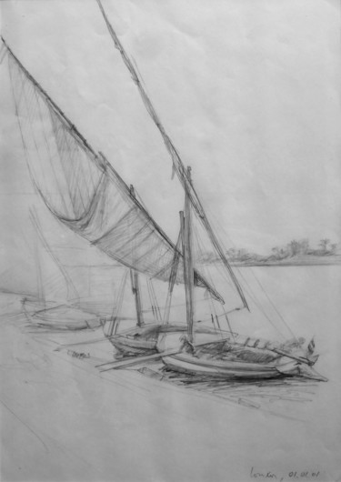 Drawing titled "Egypte, Louxor : fe…" by Philippe Juttens, Original Artwork, Pencil Mounted on Glass
