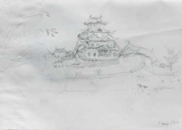 Zeichnungen mit dem Titel "Japon, Himeji Castel" von Philippe Juttens, Original-Kunstwerk, Bleistift