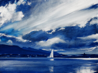 Ciel de traine sur la rade de Genève (Camaieu de bleu) Peinture intitulée "Ciel de traine sur…" par Philippe Juttens, Œuvre d'art originale, Huile