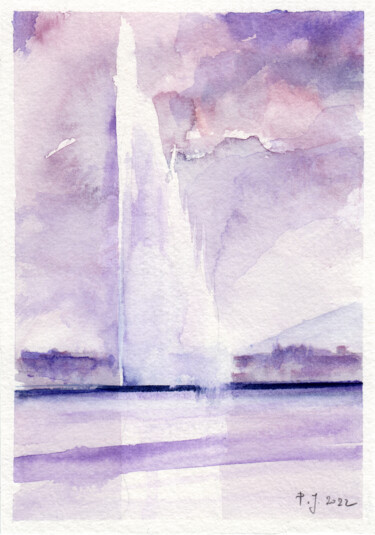 Schilderij getiteld "Jet d'eau de Genéve…" door Philippe Juttens, Origineel Kunstwerk, Aquarel