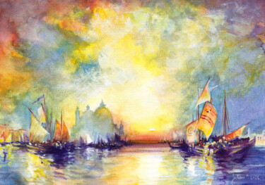 Painting titled "Venise flamboyante…" by Philippe Juttens, Original Artwork, Watercolor