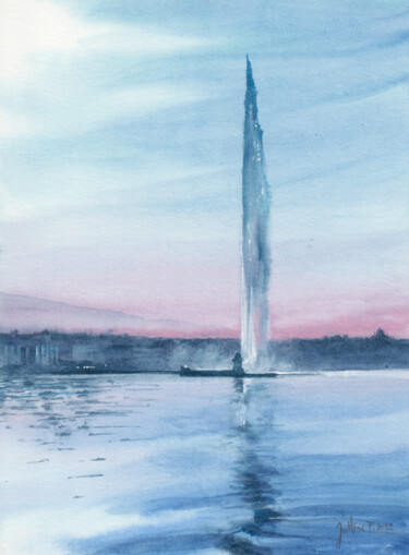 Peinture intitulée "Jet d'eau de Genève…" par Philippe Juttens, Œuvre d'art originale, Aquarelle