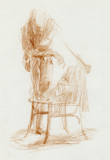 Drawing titled "Homme à la chaise" by Philippe Juttens, Original Artwork, Pencil