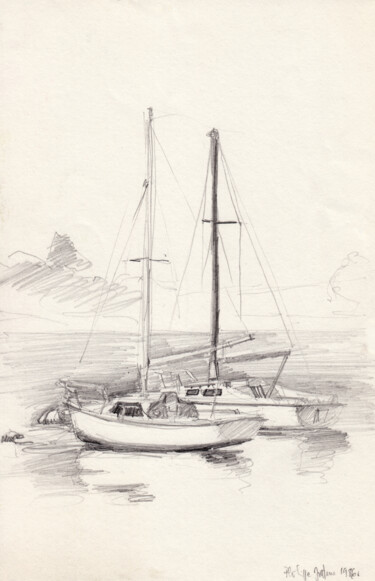 Disegno intitolato "2 voiliers au mouil…" da Philippe Juttens, Opera d'arte originale, Matita