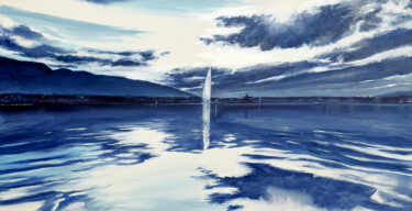Rade de Genève avec Jet sur un lac en Miroir Painting titled "Rade de Genève avec…" by Philippe Juttens, Original Artwork, Oil