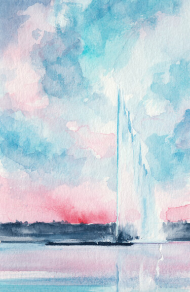 Painting titled "Jet en rose-bleu" by Philippe Juttens, Original Artwork, Watercolor