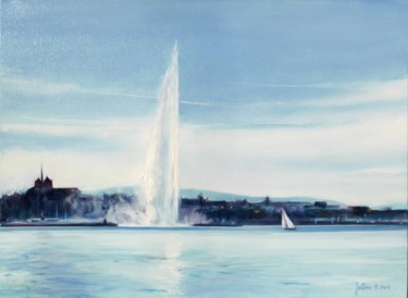 Peinture intitulée "Rade de Genève, jet…" par Philippe Juttens, Œuvre d'art originale, Huile