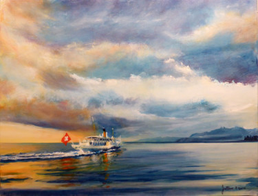 Peinture intitulée "Vapeur sur le Léman" par Philippe Juttens, Œuvre d'art originale, Huile