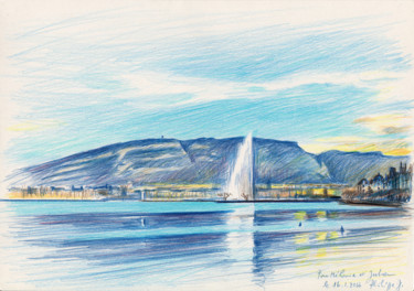 Dessin intitulée "Rade de Genève en h…" par Philippe Juttens, Œuvre d'art originale, Crayon