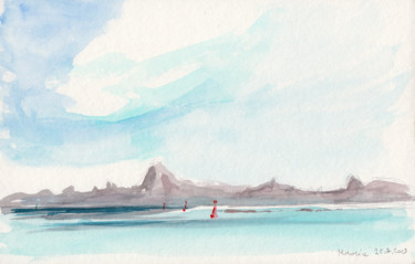 Disegno intitolato "Moroea vue de Tahiti" da Philippe Juttens, Opera d'arte originale, Acquarello